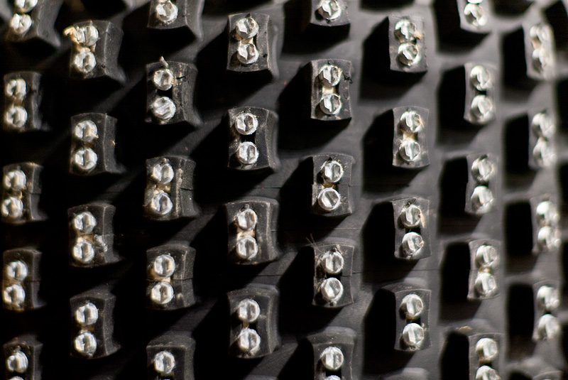 Each racing vehicle was specially designed to handle well on the ice. These are the high friction studs installed in each tire.