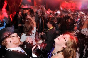 Matt Strauch, left, and his wife Sheila Strauch, both from Auburn, Wash., hit the dance floor at Trinity during the 2010 Movember Seattle Gala Parte on Saturday evening Nov. 27, 2010, in downtown Seattle. Matt won the title of Ultimate Mo in this year's contest. Movember is a charity event that originated in Australia in 2003 and is growing exponentially throughout the world. As part of the fundraising challenge, men grow a mustache beginning November 1st to help raise funds for prostate and testicular cancer research. The funds go to the Livestrong Foundation and also for prostate cancer research.