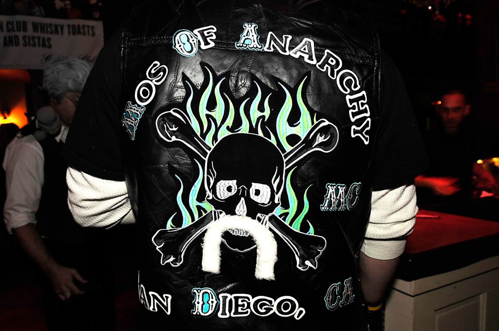 Nic (cq) Didier of San Diego, Calif., sports his Mos of Anarchy leather biker's jacket Saturday evening during the 2010 Movember Seattle Gala Parte at Trinity in Seattle, Wash. Didier says he and three of his friendds drove from San Diego to attend the evening's event. Movember is a charity event that originated in Australia in 2003 and is growing exponentially throughout the world. As part of the fundraising challenge, men grow a mustache beginning November 1st to help raise funds for prostate and testicular cancer research. The funds go to the Livestrong Foundation and also for prostate cancer research.