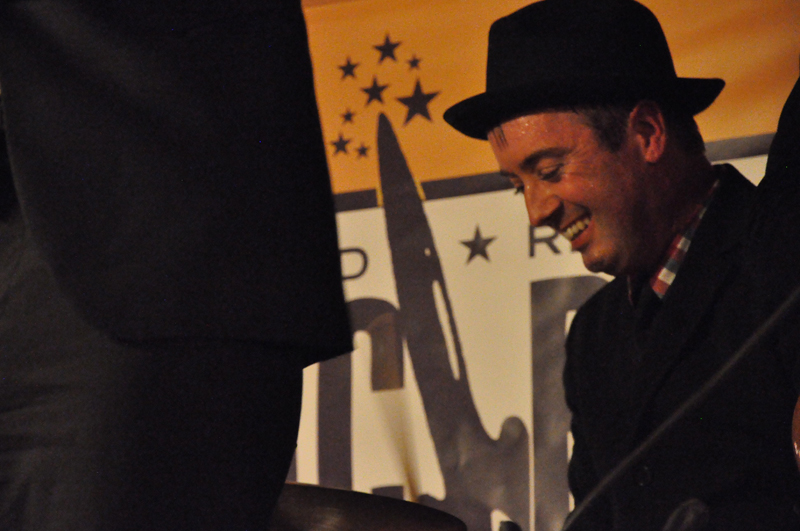 The drummer enjoys a moment mid-song.