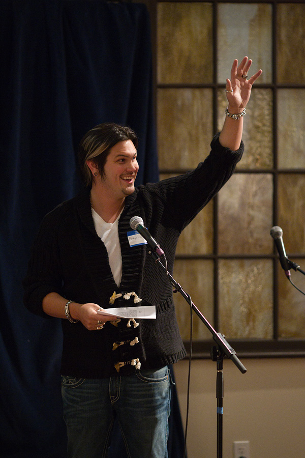 Brandon Ilenstine presents Mr. Topstache to guests of SPROUT. Brandon would like to use the awarded money to help finance the production of Topstache t-shirts.