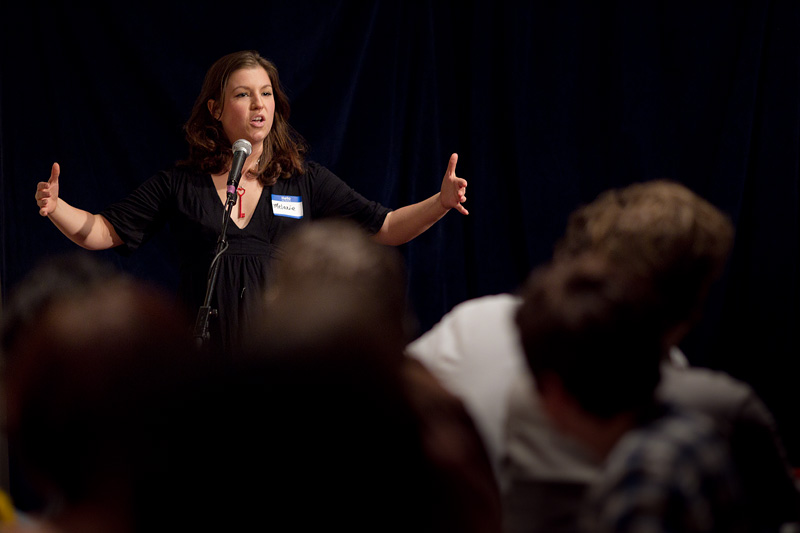 Melanie St. Ours presets her project idea, One Forbidden Thing, to SPROUT.