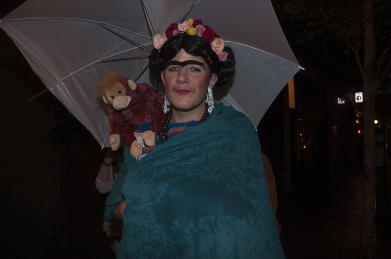 Frida Kahlo, like many other Halloween revelers, tried to avoid the rain.