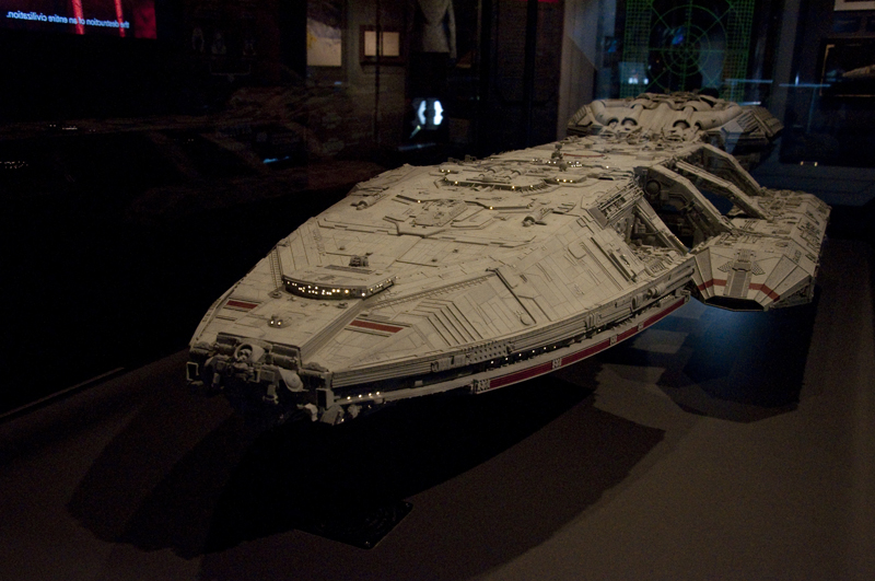 An exact reproduction of the filming miniature of the Galactica, the sole surviving Battlestar at the story's beginning.
