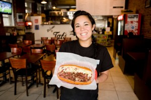 Jen Vertz, Tat's manager, showing off the Tatstrami.