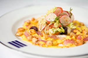 Hawaiian Tombo Tiradito with choclo, cancha, aji amarill, fennel salad, and causa.