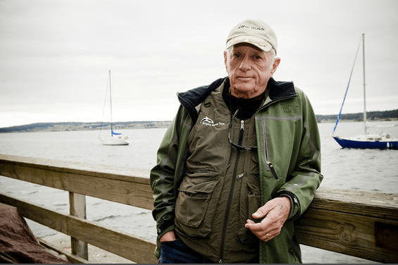Ric O'Barry, star of The Cove, protests the 40th anniversary of the Penn Cove orca capture which resulted in the death of many orca and the transfer of others to facilities such as Sea World, where one Puget Sound orca, Lolita, remains.