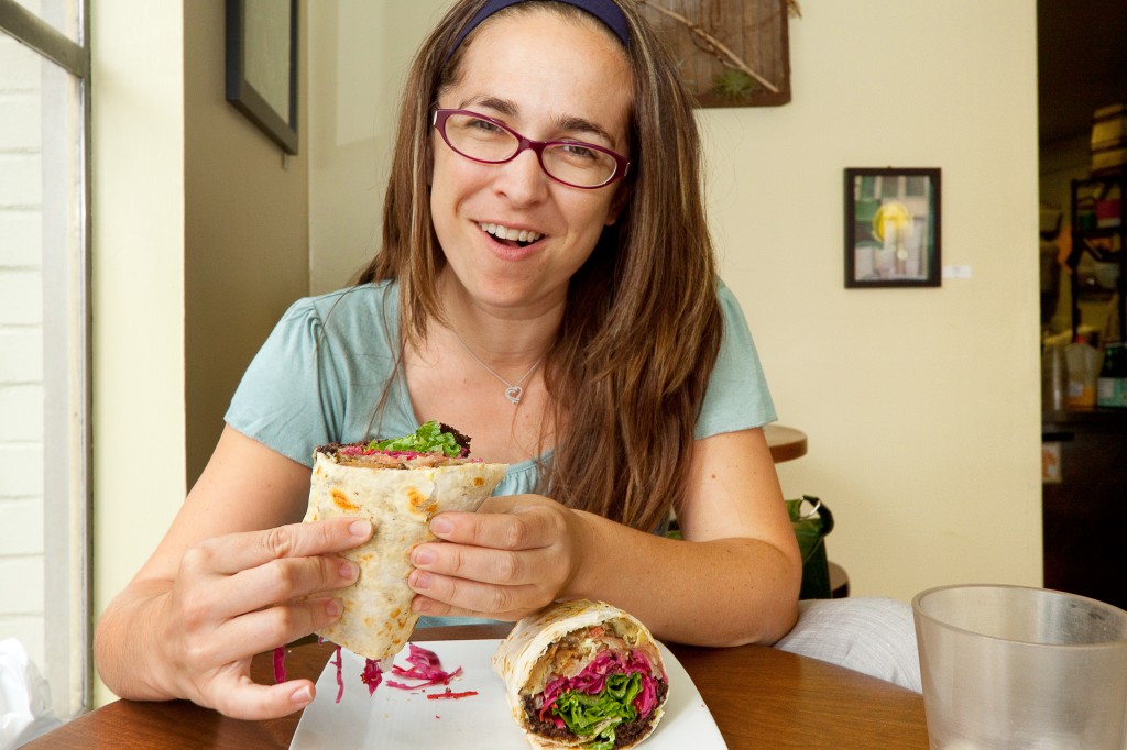 Mary King, M.D., having a aEœSweet JamaicanaE tofu wrap.