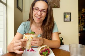 Mary King, M.D., having a aEœSweet JamaicanaE tofu wrap.