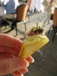 An itsy, bitsy ice cream cone - sweet corn ice cream topped with merlot salt and a lovely little flower.