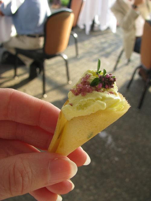 An itsy, bitsy ice cream cone - sweet corn ice cream topped with merlot salt and a lovely little flower.