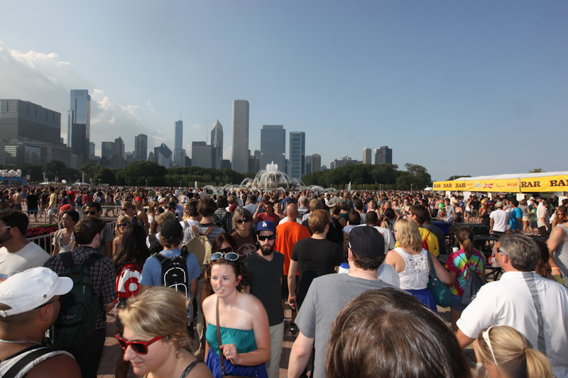 The crowd at Lollpalooza on Friday with the Chicago skyline in the background.