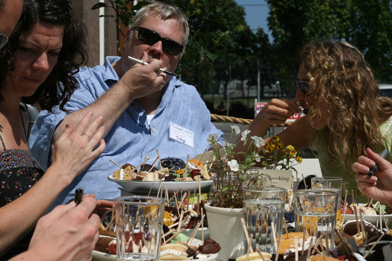The judges carefully deduce the best of the 24 different whoopie pies.