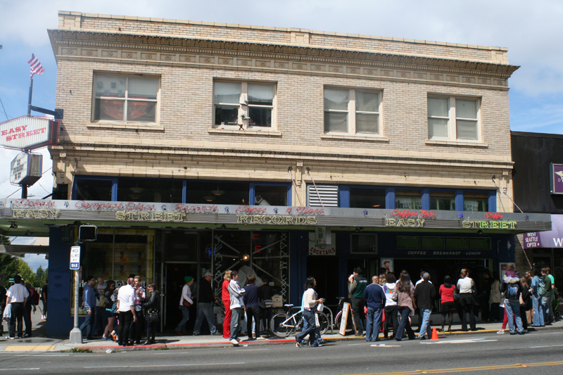 The crowd inside Easy Street Records spilled out onto the crowd.