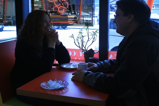 Heidi Kreitz and Ole Willey enjoy desert - a walnut fudge cookie and white chocolate coconut moose cake - after a lunch of dim sum.