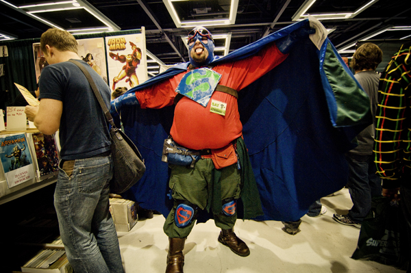 ComiCon attendee SkyMan, was none too happy with our calling him Captain SuperBad!