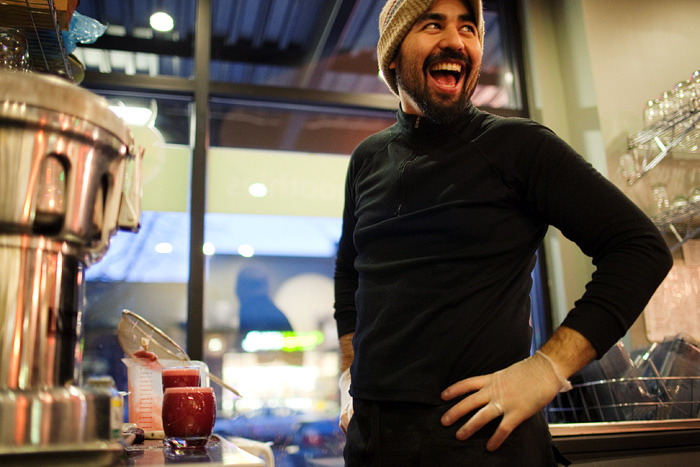 His latest creation is called a Magenta Love.A  It has apple, cucumber, beet and a bite of ginger.