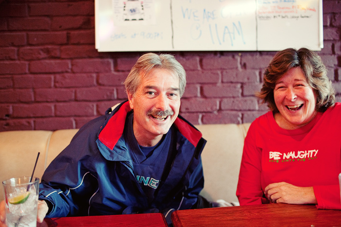 John and Theresa come to Goofy's when it's slow to have a drink and warm up by the fire.