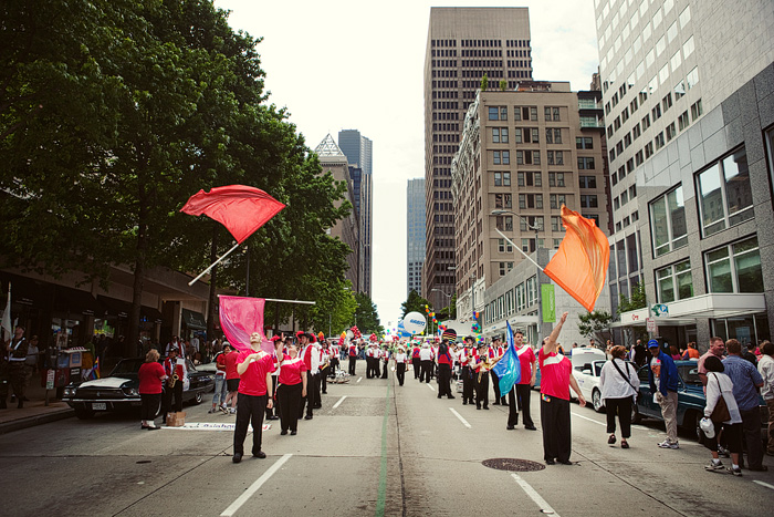 The Rainbow City Band gets some last-minute practice.
