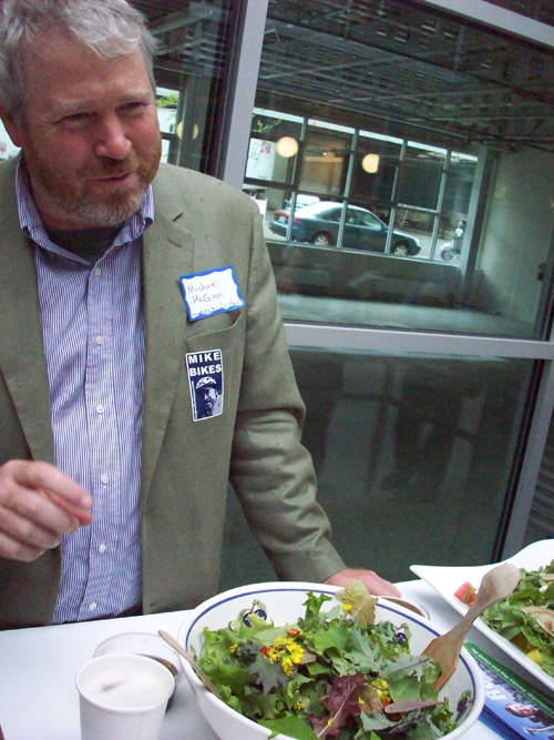 Technically this was an event for city council campaigns, but mayoral hopeful Mike McGinn helped found Great City, the group putting on the event last night, so he crashed it with a salad made of ingredients out of his garden. Only the olive oil and vinegar dressing wasn't local.