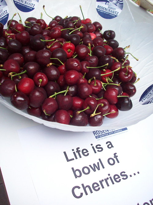 Robert Rosencrantz says he went to Safeway intending to do something complicated when he saw that cherries were $1.88 a pound. He doesn't know what species they are (Do I look like a botanist?) but argues that in bringing something so simple, he's showing creativity and fiscal responsibility.