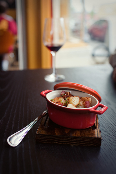 Roasted potatoes with smoked goat bacon.  Yes, I said goat bacon.