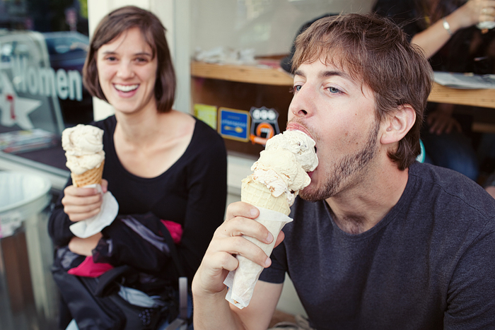 Christine & Jack enjoy double scoops in waffle cones outside Molly Moon Ice Cream.