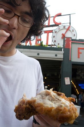 What you might not be familiar with are the jumbo thighs at Chicken Valley, which is located just to the north of the fish-throwers in Pike Place Market's main arcade. Jumbo fried chicken in a farmers market known for its fresh seafood and produce? Yeah, it's a little weird. But the jumbo thighs (we don't really want to know why they're so big) are more than a little good; and the proprietors clearly get something that most chicken-hawkers don't: that the thigh is the finest, most underrated part of a chicken to devour. Note by Mike Seely