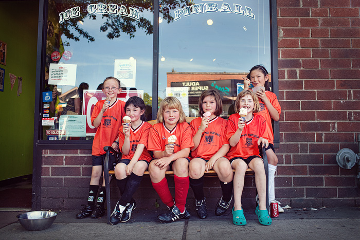 The West Seattle Soccer Club's Ninja Turtles team celebrate another well-played game.