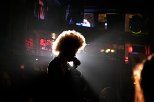 O'Stayformore addresses the audience at Vamps + Vixens at Julia's on May 14, 2009.