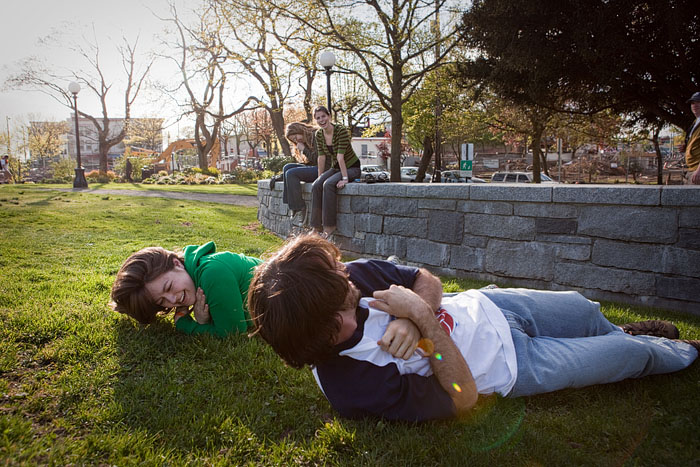 Amber & Wes steamroll each other while Nora & Beth look on.