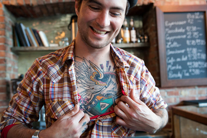 Brian shows off his new ink at Oddfellows Hall.