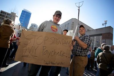 Teabaggers took to Westlake Park to protest taxes and government spending.