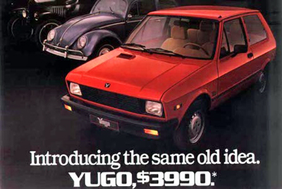 Yugo 45The Yugoslavian-born Yugo 45 was introduced to U.S. buyers in 1984, with a wave of publicity that touted the car's ten-year/100,000 mile warranty. A 1987 Consumer Reports review of the car concluded that buyers would be better off buying a good used car than a new Yugo. Still, it retains popularity with U.S. owners, who collect the cars. Read Paul Knight's Prius feature: Wild Rides.
