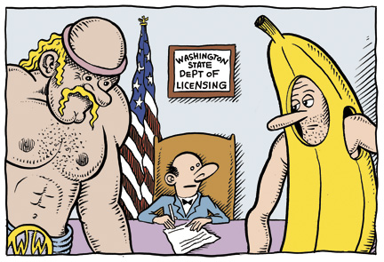 5. The state can't distinguish between unreal phony wrestling and real phony wrestling. There's no difference, says the state Department of Licensing, between 6'10, 300-pound World Wrestling Entertainment star. The Undertaker slamming a beefy opponent to the canvas in a jam-packed sports arena and that wimpy kid known as Kung Fu Banana, dressed in a banana outfit, rolling around on a Capitol Hill barroom stage with his buddies. The Bananaand friends must obtainprofessional wrestling licenses, the DOL ruled last monthaE”a decision whose absurdity made it all the way onto page one of The Wall Street Journal last week. Like the multimillion-dollar WWE, the Banana's amateur theater group, Seattle Semi-Pro Wrestling (SSP), qualifies as a form of sports entertainment in which the participants display their skills in a physical struggle against each other in the ring. No matter that the SSP's ring had no ropes, and that the wrestlers weren't exactly skilled. As a professional sports event,the comedy shows required oversight to ensure the safety of the participants, ruled the DOL. So after six years, the costumed wrestling troupeaE”drag queens, presidential impostors, caped crusaders, and the lotaE”has folded its mats and isweighing its next move. If the monthly shows are to resume, each professional wrestler has to get a $15 license and pay for a physical. The group also needs to buy a $50 promoter's license and have a doctor/medic on hand ($40 license). Oh, and they'll need a new arena. Their venue, King Cobra, folded in February. If you're scoring it, that's a takedown and a pin.