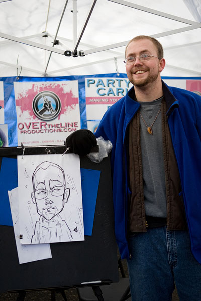 A caricature of the artist himself, waiting in the rain for people to come to the market.