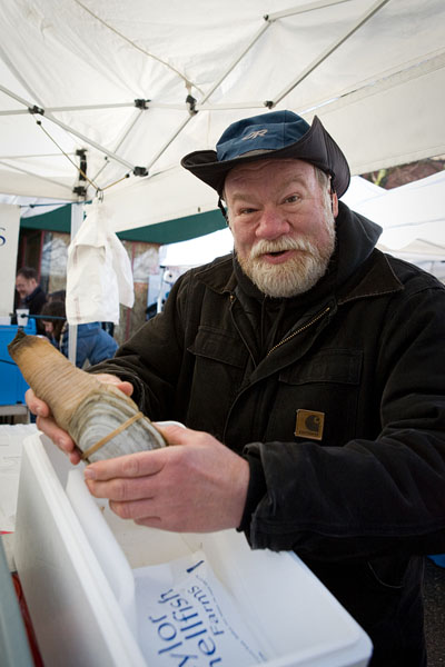 Captain Oyster Bill Whitbeck from Taylor Shellfish Farms in Shelton, WA showing off his famous geoducks.