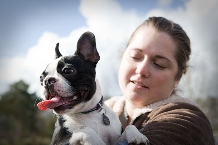Waylon (after Waylon Jennings) is a Boston Terrier. Here with owner Emily.