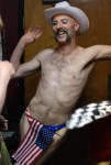 Divine & Depraved Burlesque at Chop Suey: Waxy Moon backstage in his American Woman outfit.