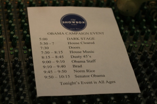 Obama's set list for the Showbox Event on Dec. 11, 2007.