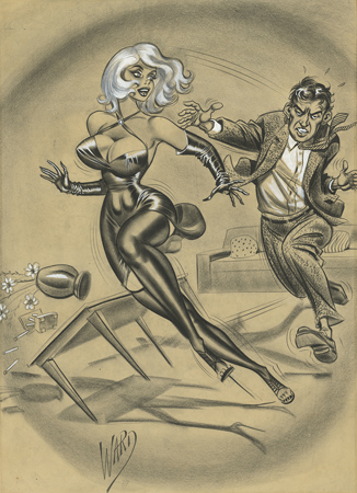 An original Bill Ward sketch, which featured a common chasing theme. Though they seemed to exploit the female form, gag comics mocked the neanderthal mentality of men just as often.