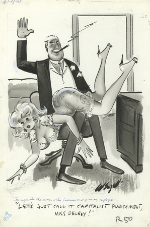 As is seen in this original Bill Wenzel cartoon, spanking was another common theme in gag pinup drawings.