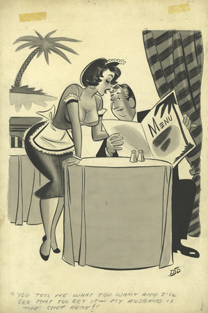 As in this original Dan DeCarlo drawing, gag jokes were often scribbled onto the scenes as an excuse for the risque artwork.