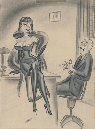 A third common theme throughout pinup comics, exhibited in this original Bill Ward drawing, was that of the lecherous boss.