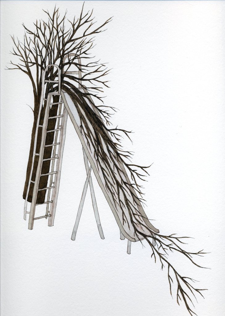 Barr continued, In 'Grew,' she juxtaposes elements from our childhoods (playground slides, crayons, etc.) against leafless trees.