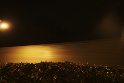 A streetlight at night illuminates a train flying down the tracks.aE¨