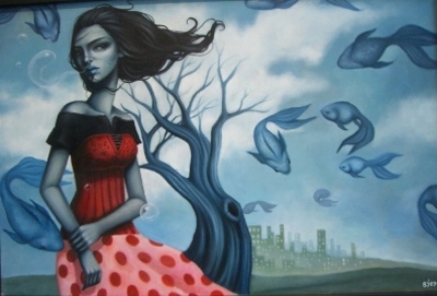 With their current exhibit, A Cabinet of Natural Curiosities, Roq la Rue continues their familiar shtick -- what the gallery calls lowbrow surrealistic pop art -- with doe-eyed, sexy, pre-teen girls, and often cutesy animals.