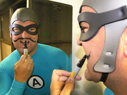 The Aquabats and DJ Lance Rock; The Glass House, Pomona, CA.; Nov. 30 :Probably the most bizarre yet natural hybrid show of the year: ska-pop superheroes The Aquabats and DJ Lance Rock of psychedelic what-are-they-on? kiddie show Yo Gabba Gabba onstage together in Pomona. The link between the acts is Christian JacobsaE”a.k.a. MC Bat Commander (pictured)aE”a.k.a. one of YGG's founding fathers. Between the bats' rabid, caped fans and YGG's giant dancing monsters, this show was one of 2007's funkiest, at least in the OC. (Janine Kahn)