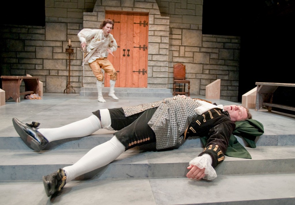 Riley Neldam (rear) and Nathan Jeffrey as rival Leipzig organists.