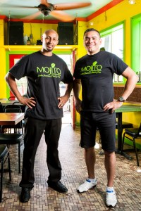 Above: owners Wersom and Ganz. Top right: a perfect mojito. Lower right: fish cooked in a banana leaf.